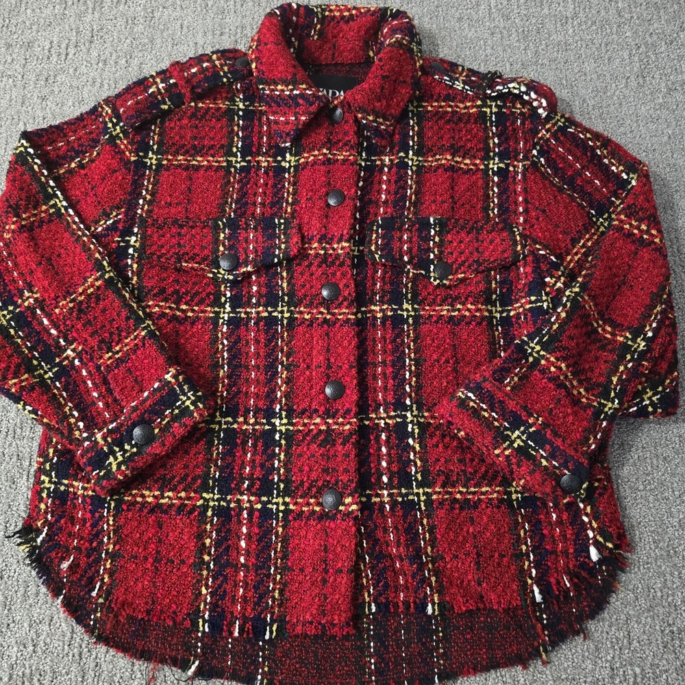 Zara Red Plaid Boucle Shacket Jacket Size M Frayed Hem‎ Tweed Overshirt